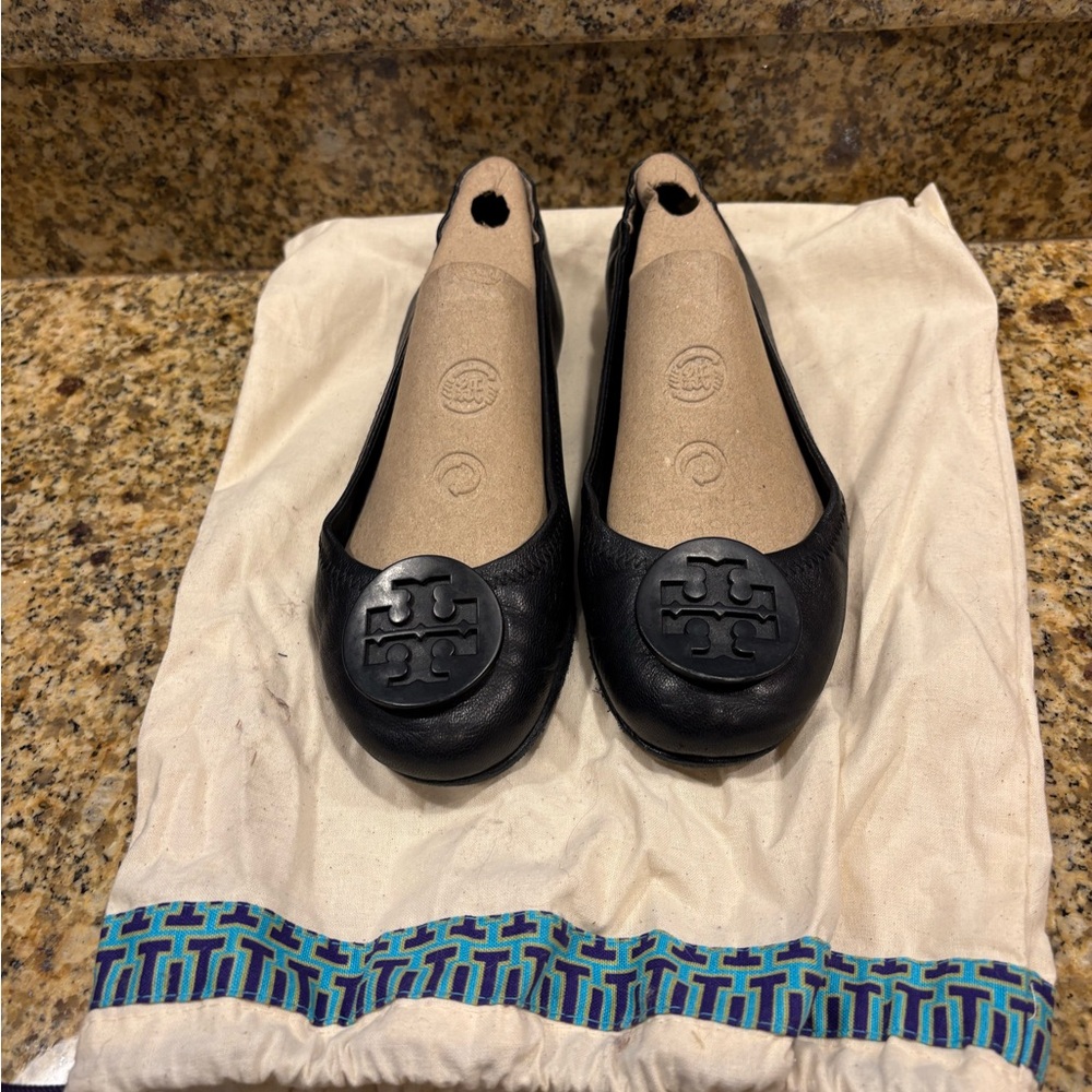 Tory Burch Black Leather Minnie Travel Ballet Flats Size 7 - Picture 1 of 7